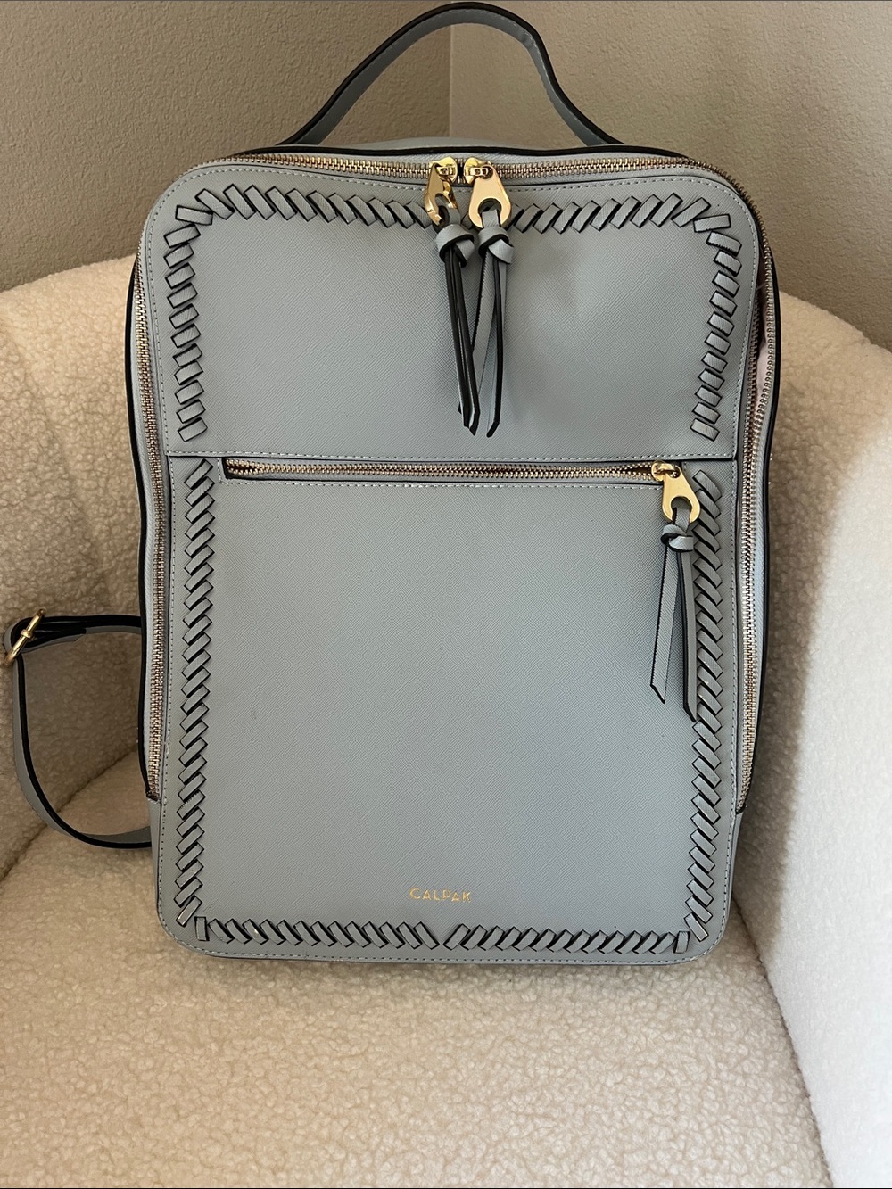 Calpak Light Blue Leather Backpack with Whipstitch Trim